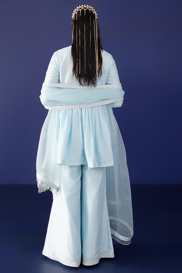 Powder Blue Viscose Raw Silk & Pure Cotton Voile Hand Embroidered Kurta Set by Ridhimaa Gupta at Pernia's Pop Up Shop