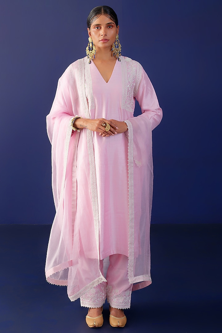 Pink Viscose Raw Silk & Pure Cotton Voile Resham Embroidered Kurta Set by Ridhimaa Gupta