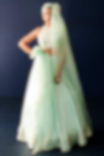 Powder Green Viscose Raw Silk & Pure Cotton Voile Hand Embroidered Wedding Lehenga Set by Ridhimaa Gupta at Pernia's Pop Up Shop