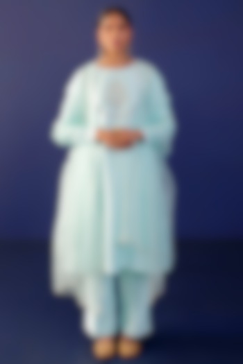 Powder Green Viscose Raw Silk & Pure Cotton Voile Hand Embroidered Kurta Set by Ridhimaa Gupta at Pernia's Pop Up Shop