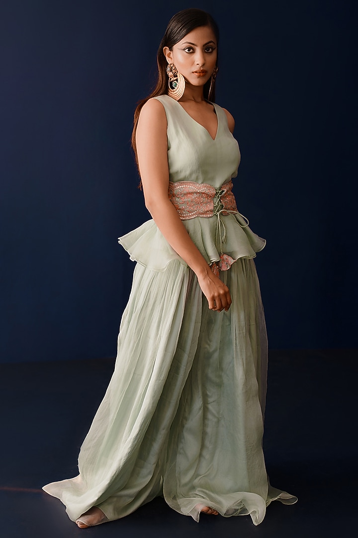 Pistachio Green Silk Organza Wedding Sharara Set by Ridhimaa Gupta at Pernia's Pop Up Shop