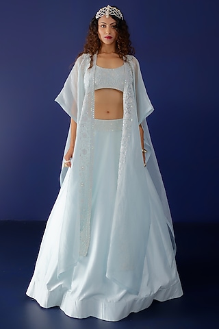 Powder Blue Viscose Raw Silk & Pure Cotton Voile Pearl Embroidered Jacket Lehenga Set by Ridhimaa Gupta