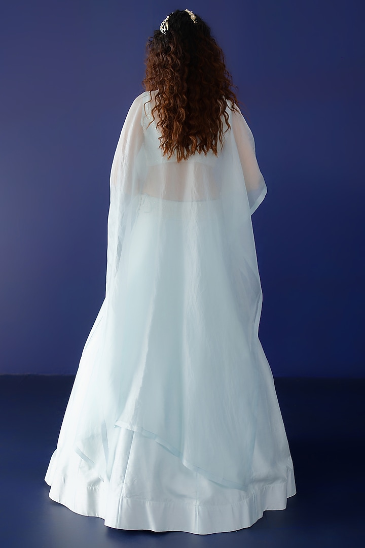 Powder Blue Viscose Raw Silk & Pure Cotton Voile Pearl Embroidered Jacket Wedding Lehenga Set by Ridhimaa Gupta at Pernia's Pop Up Shop