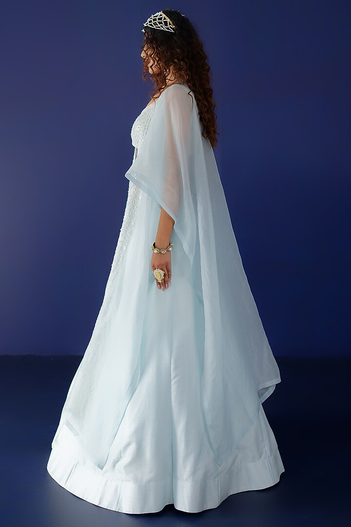 Powder Blue Viscose Raw Silk & Pure Cotton Voile Pearl Embroidered Jacket Wedding Lehenga Set by Ridhimaa Gupta at Pernia's Pop Up Shop