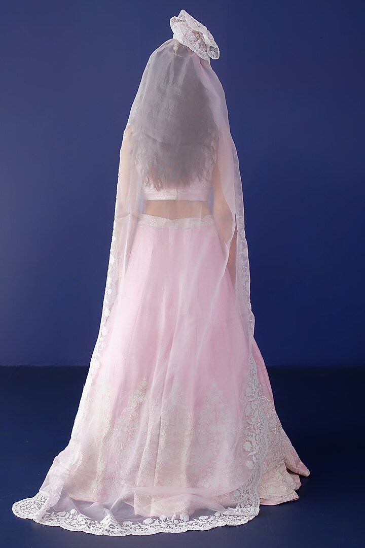 Pink Viscose Raw Silk & Pure Cotton Voile Pearl Embroidered Bridal Lehenga Set by Ridhimaa Gupta at Pernia's Pop Up Shop