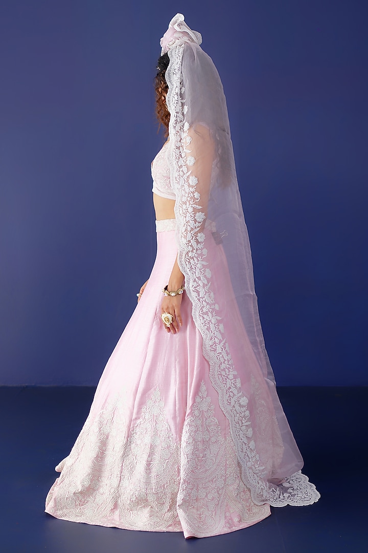 Pink Viscose Raw Silk & Pure Cotton Voile Pearl Embroidered Bridal Lehenga Set by Ridhimaa Gupta at Pernia's Pop Up Shop