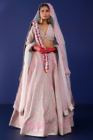 Pistachio Green Viscose Raw Silk & Pure Cotton Voile Resham Embroidered Lehenga Set by Ridhimaa Gupta