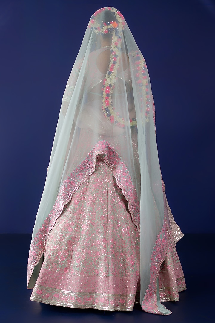 Pistachio Green Viscose Raw Silk & Pure Cotton Voile Resham Embroidered Bridal Lehenga Set by Ridhimaa Gupta at Pernia's Pop Up Shop