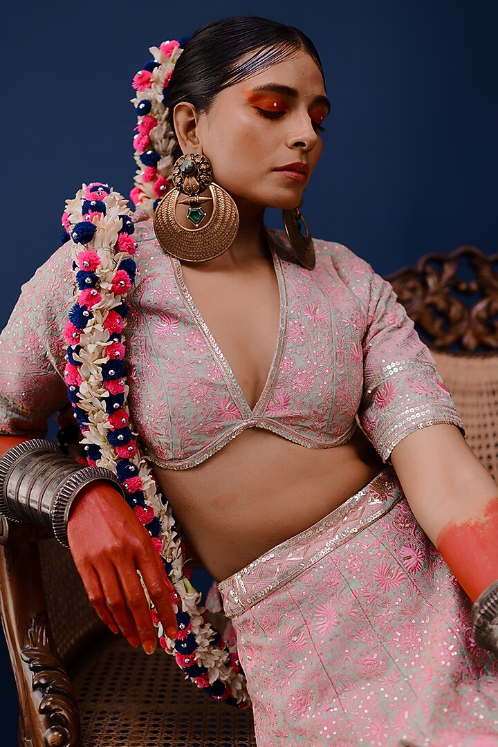 Pistachio Green Viscose Raw Silk & Pure Cotton Voile Resham Embroidered Bridal Lehenga Set by Ridhimaa Gupta at Pernia's Pop Up Shop