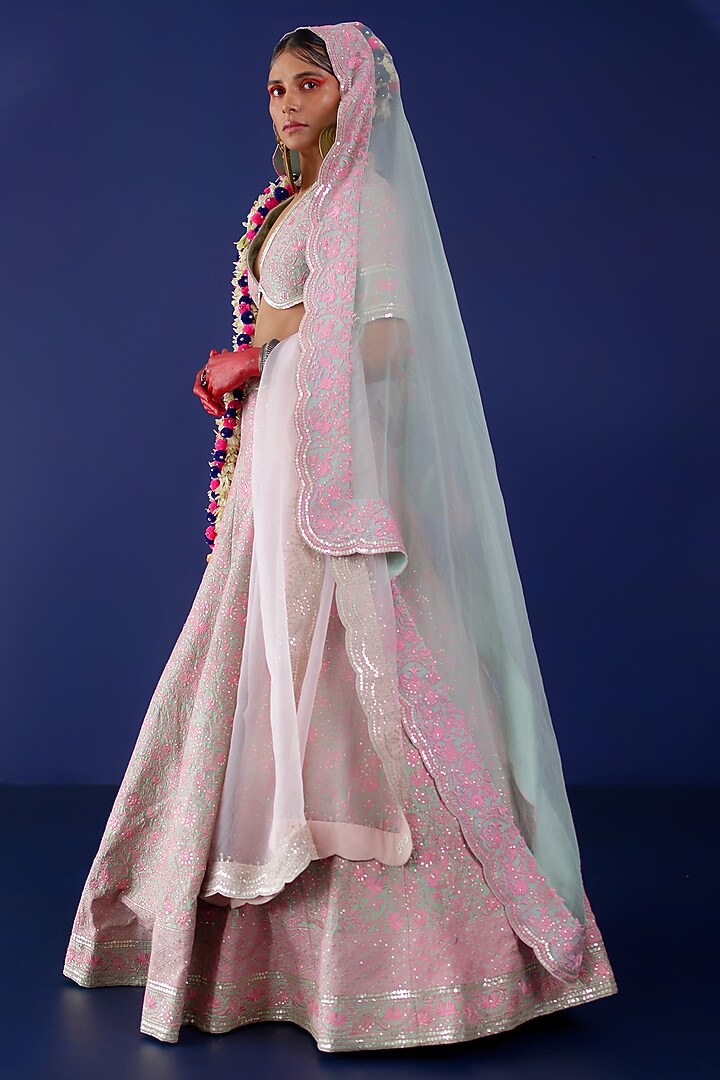 Pistachio Green Viscose Raw Silk & Pure Cotton Voile Resham Embroidered Bridal Lehenga Set by Ridhimaa Gupta at Pernia's Pop Up Shop