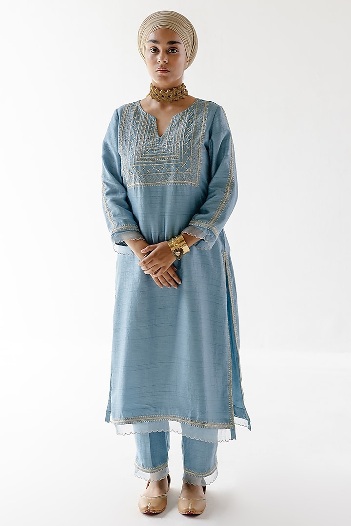Blue Viscose Raw Silk & Pure Cotton Voile Zari Embroidered Kurta Set by Ridhimaa Gupta