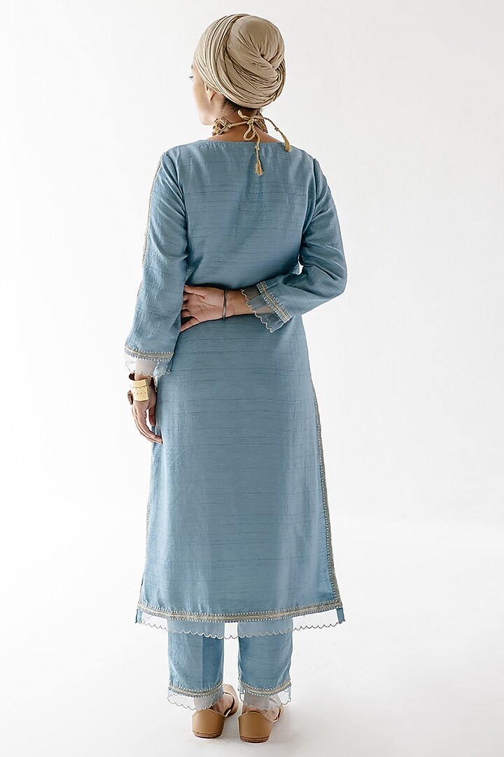 Blue Viscose Raw Silk & Pure Cotton Voile Zari Embroidered Kurta Set by Ridhimaa Gupta at Pernia's Pop Up Shop