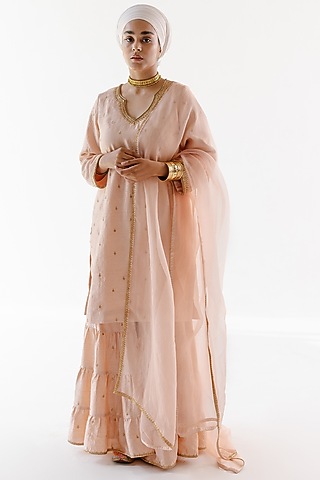 Beige Viscose Raw Silk & Pure Cotton Voile Sequins Embroidered Kurta Set by Ridhimaa Gupta
