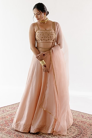 Beige Viscose Raw Silk & Pure Cotton Voile Hand Embroidered Lehenga Set by Ridhimaa Gupta