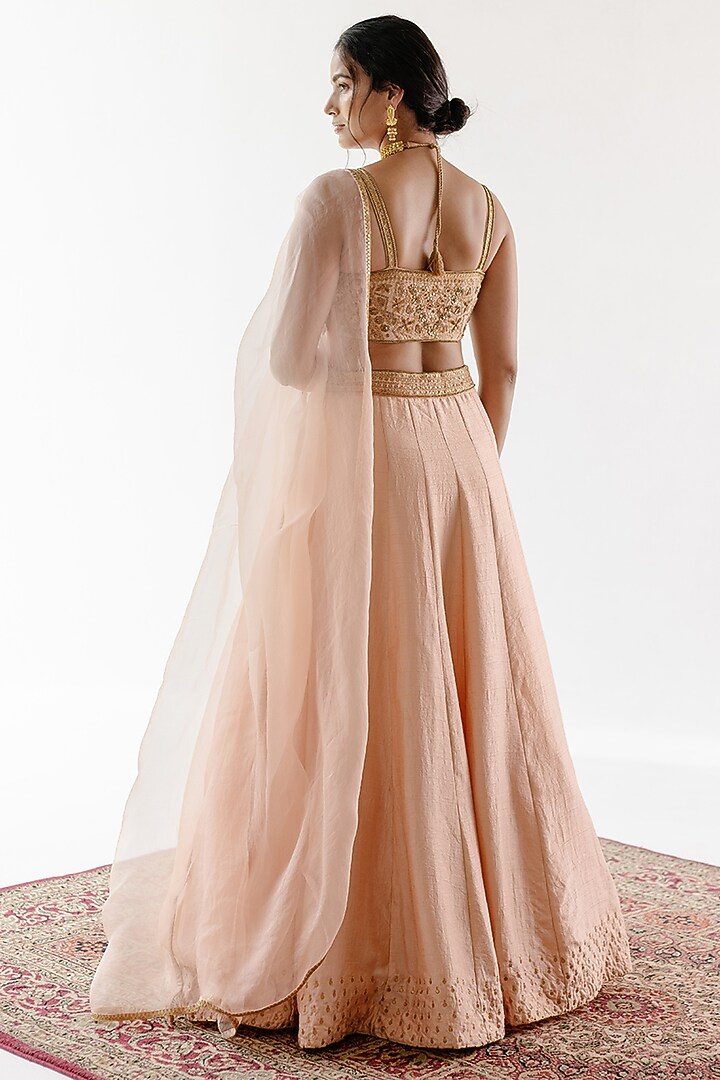 Beige Viscose Raw Silk & Pure Cotton Voile Hand Embroidered Wedding Lehenga Set by Ridhimaa Gupta at Pernia's Pop Up Shop