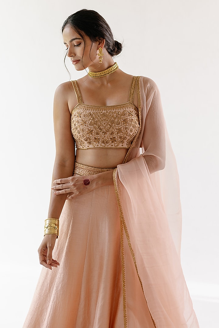 Beige Viscose Raw Silk & Pure Cotton Voile Hand Embroidered Wedding Lehenga Set by Ridhimaa Gupta at Pernia's Pop Up Shop