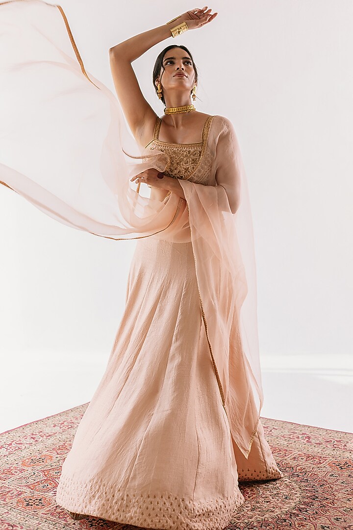 Beige Viscose Raw Silk & Pure Cotton Voile Hand Embroidered Wedding Lehenga Set by Ridhimaa Gupta at Pernia's Pop Up Shop