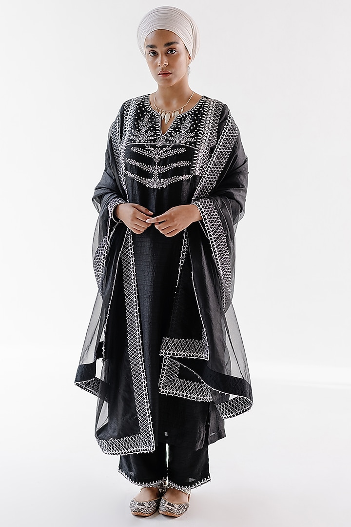 Black Viscose Raw Silk & Pure Cotton Voile Sequins Embroidered Kurta Set by Ridhimaa Gupta