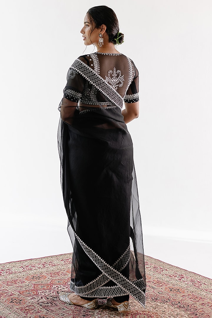 Black Silk Organza Resham Embroidered Wedding Saree Set by Ridhimaa Gupta at Pernia's Pop Up Shop