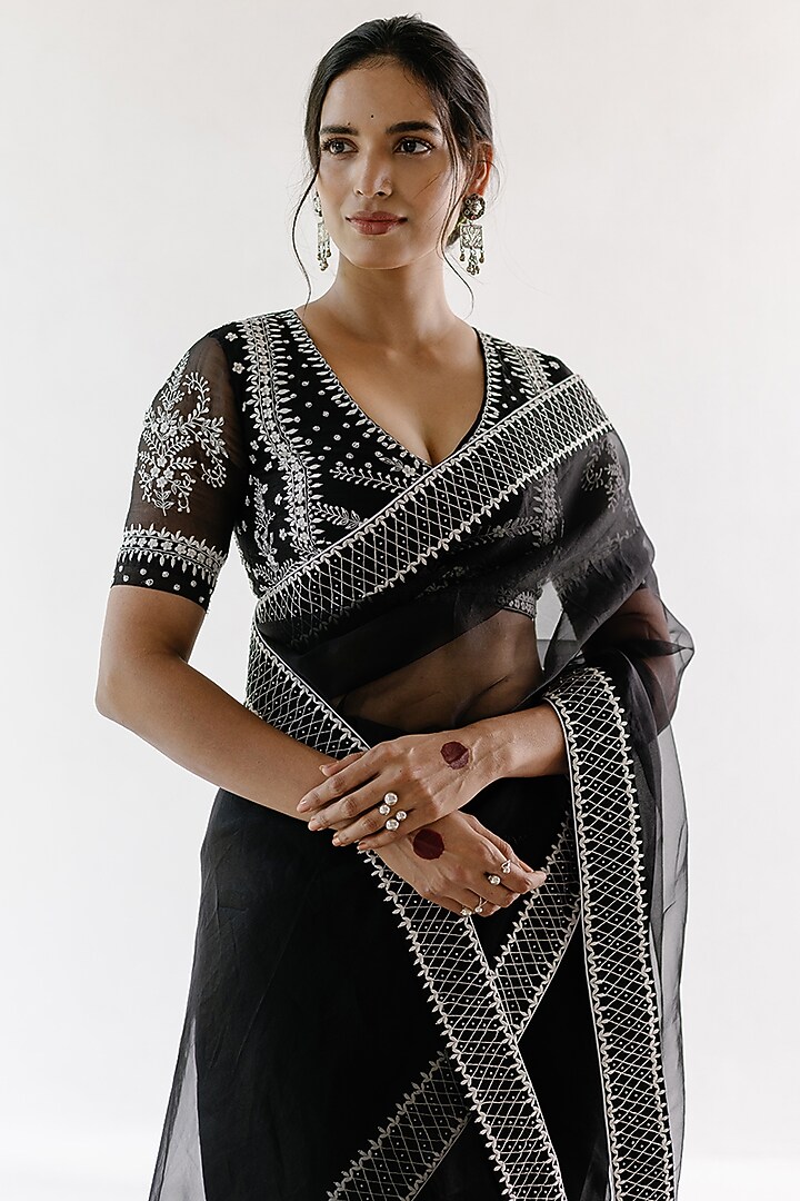 Black Silk Organza Resham Embroidered Wedding Saree Set by Ridhimaa Gupta at Pernia's Pop Up Shop