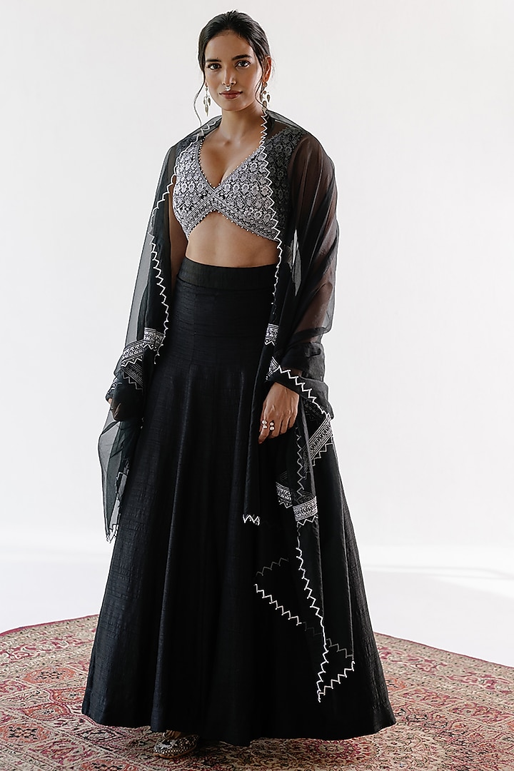 Black Viscose Raw Silk & Pure Cotton Voile Resham Embroidered Lehenga Set by Ridhimaa Gupta