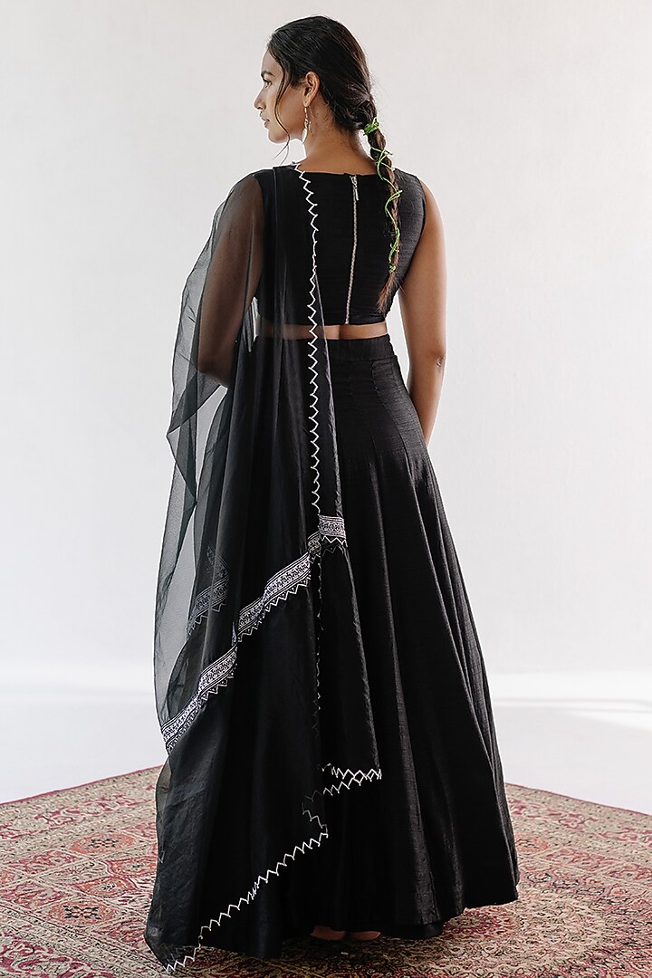 Black Viscose Raw Silk & Pure Cotton Voile Resham Embroidered Wedding Lehenga Set by Ridhimaa Gupta at Pernia's Pop Up Shop