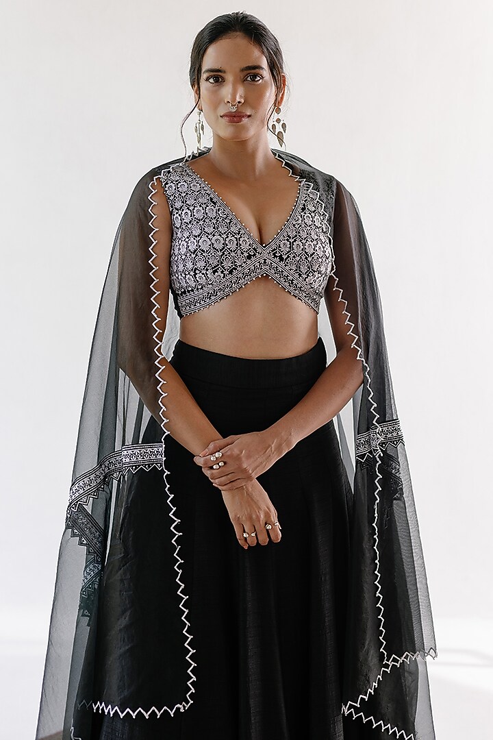 Black Viscose Raw Silk & Pure Cotton Voile Resham Embroidered Wedding Lehenga Set by Ridhimaa Gupta at Pernia's Pop Up Shop