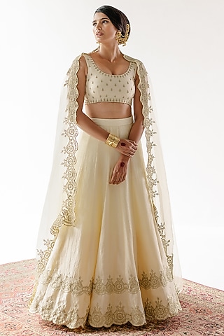 Ivory Viscose Raw Silk & Pure Cotton Voile Resham Embroidered Lehenga Set by Ridhimaa Gupta