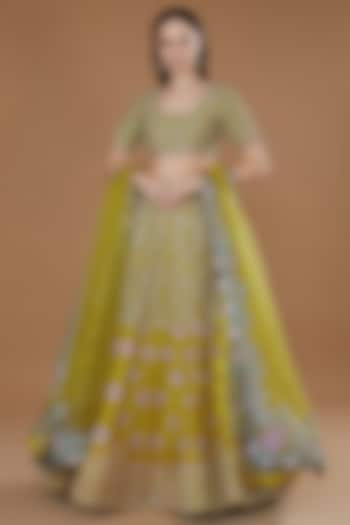 Sunflower Mustard Viscose Raw Silk Hand Embroidered Bridal Lehenga Set by Ridhimaa Gupta at Pernia's Pop Up Shop