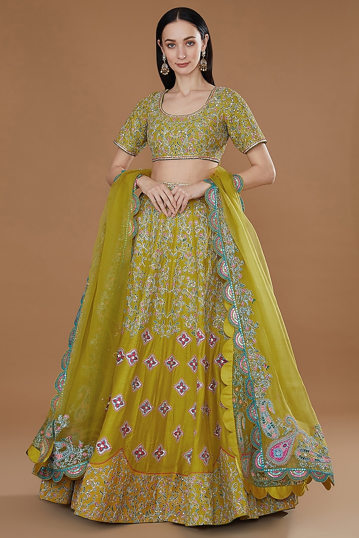 Sunflower Mustard Viscose Raw Silk Hand Embroidered Bridal Lehenga Set by Ridhimaa Gupta at Pernia's Pop Up Shop