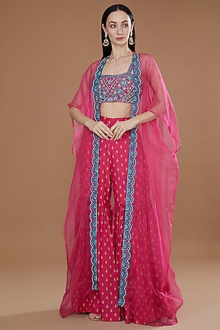Fuchsia Viscose Raw Silk Hand Embroidered Cape Set by Ridhimaa Gupta