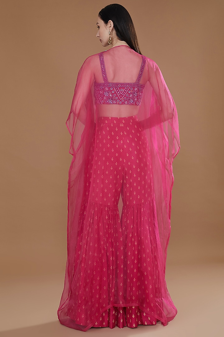 Fuchsia Viscose Raw Silk Hand Embroidered Cape Set by Ridhimaa Gupta at Pernia's Pop Up Shop