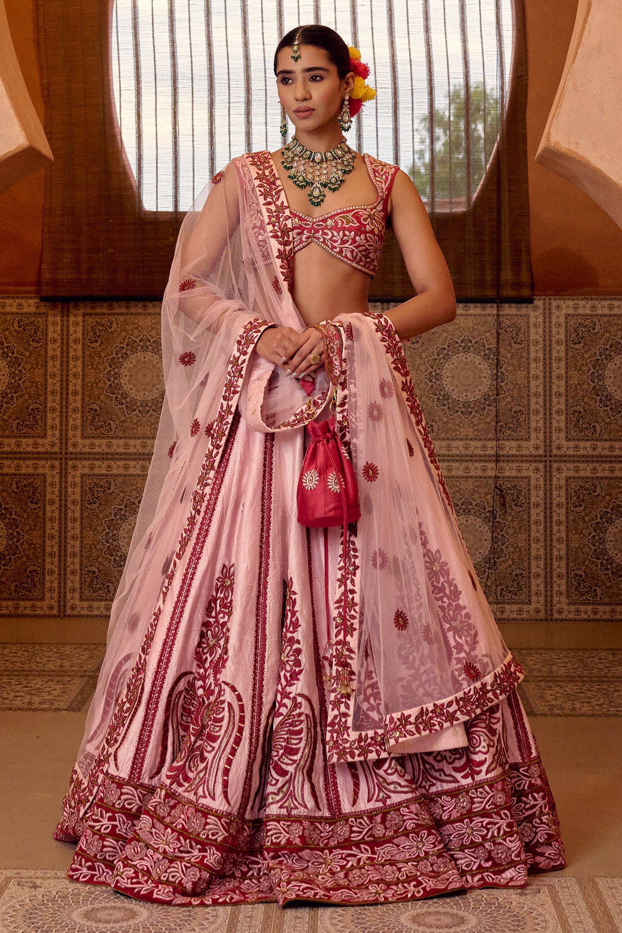 Ridhi garg Peach Pink Raw Silk Resham Hand Embroidered Bridal Lehenga Set