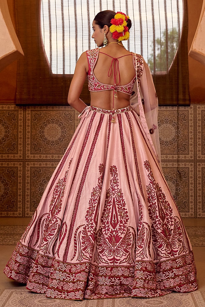 Peach Pink Raw Silk Resham Hand Embroidered Bridal Bridal Lehenga Set by Ridhi garg at Pernia's Pop Up Shop