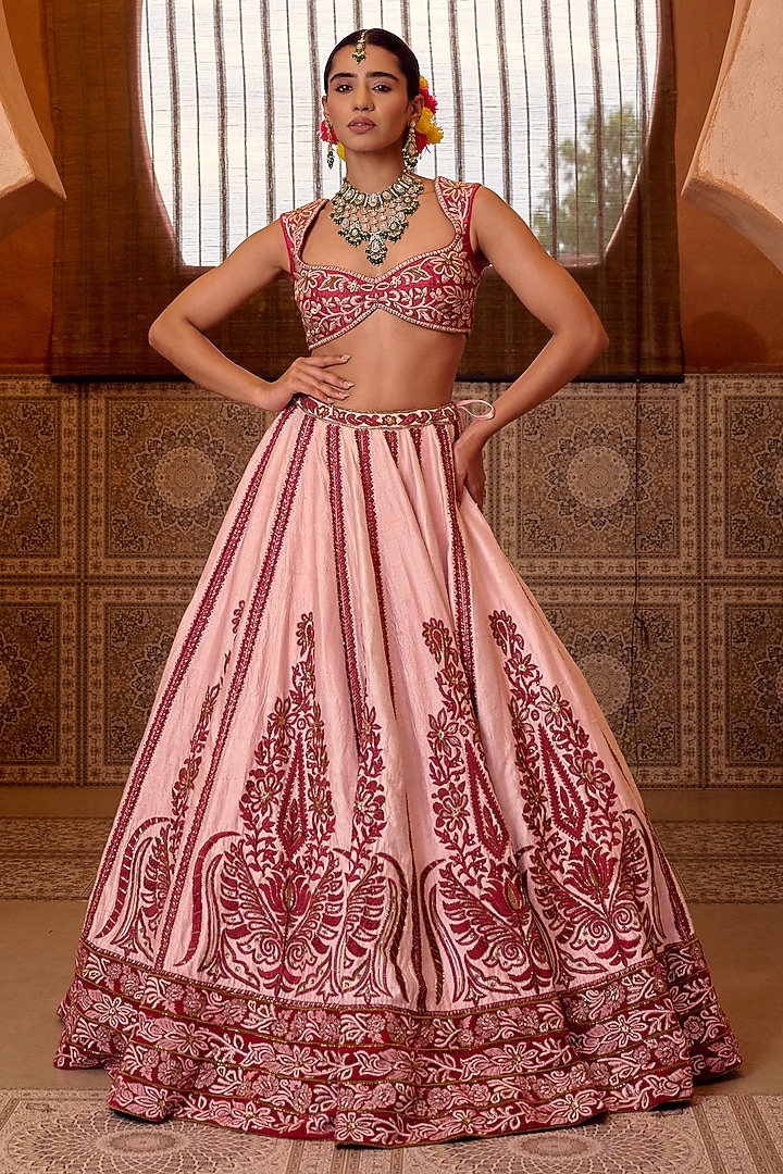 Peach Pink Raw Silk Resham Hand Embroidered Bridal Bridal Lehenga Set by Ridhi garg at Pernia's Pop Up Shop