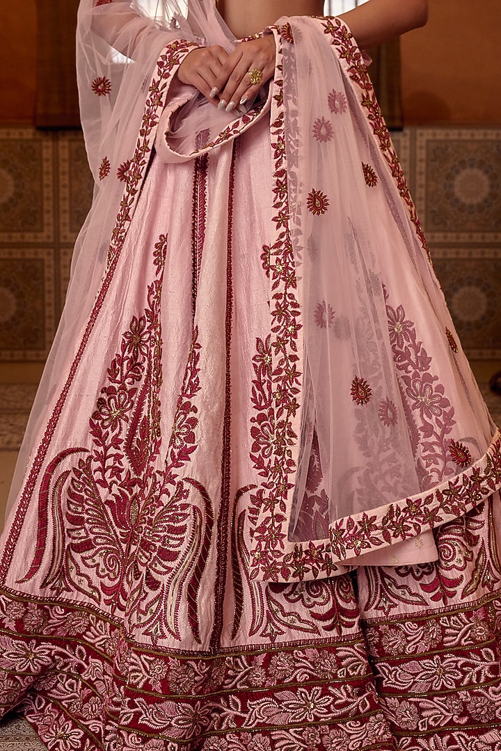 Peach Pink Raw Silk Resham Hand Embroidered Bridal Bridal Lehenga Set by Ridhi garg at Pernia's Pop Up Shop