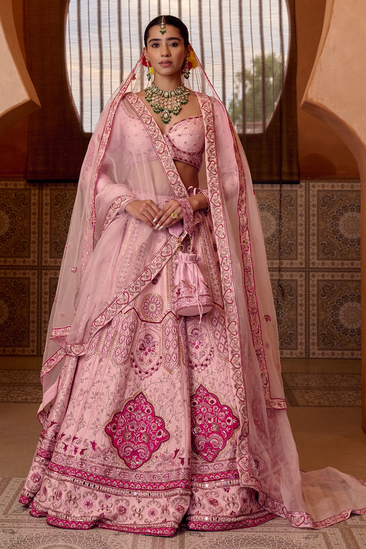 Ridhi garg Baby Pink Raw Silk Zari Hand Embroidered Bridal Lehenga Set