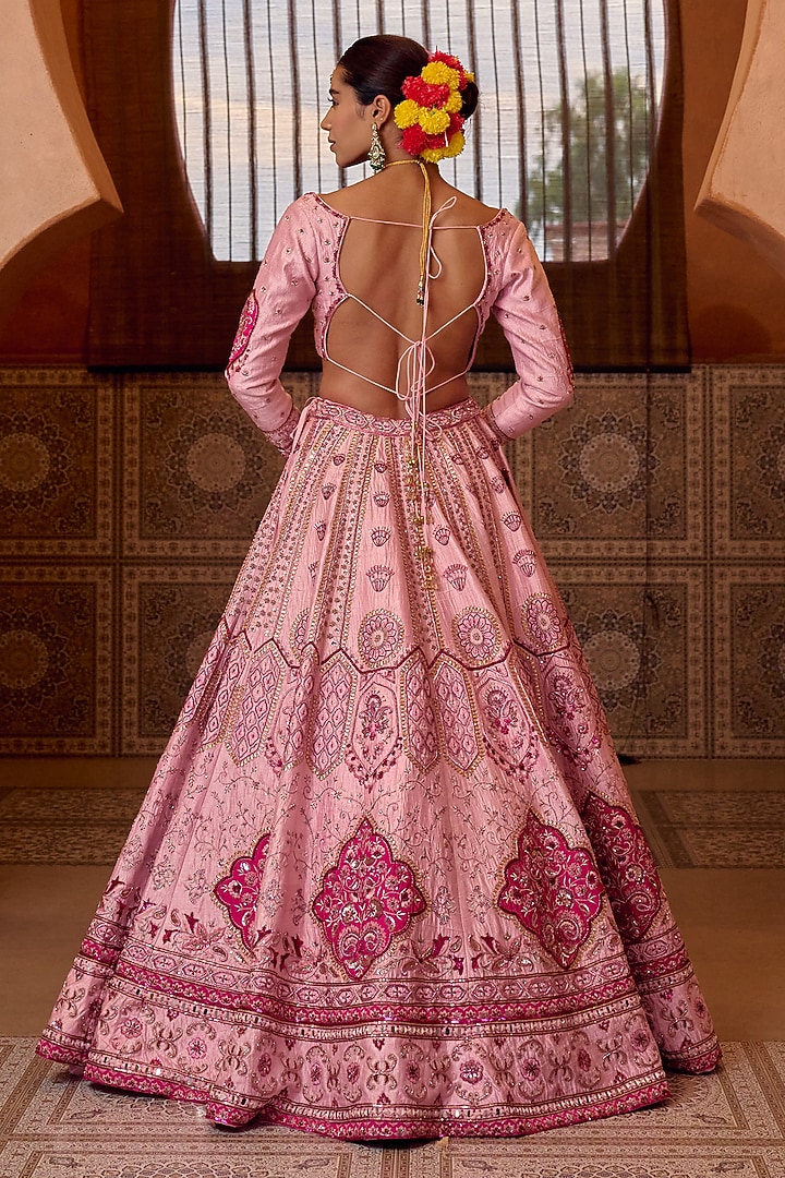 Baby Pink Raw Silk Zari Hand Embroidered Bridal Bridal Lehenga Set by Ridhi garg at Pernia's Pop Up Shop