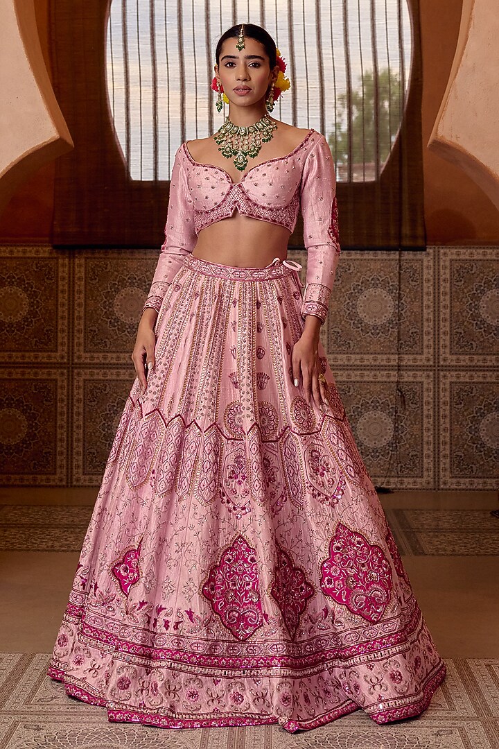 Baby Pink Raw Silk Zari Hand Embroidered Bridal Bridal Lehenga Set by Ridhi garg at Pernia's Pop Up Shop