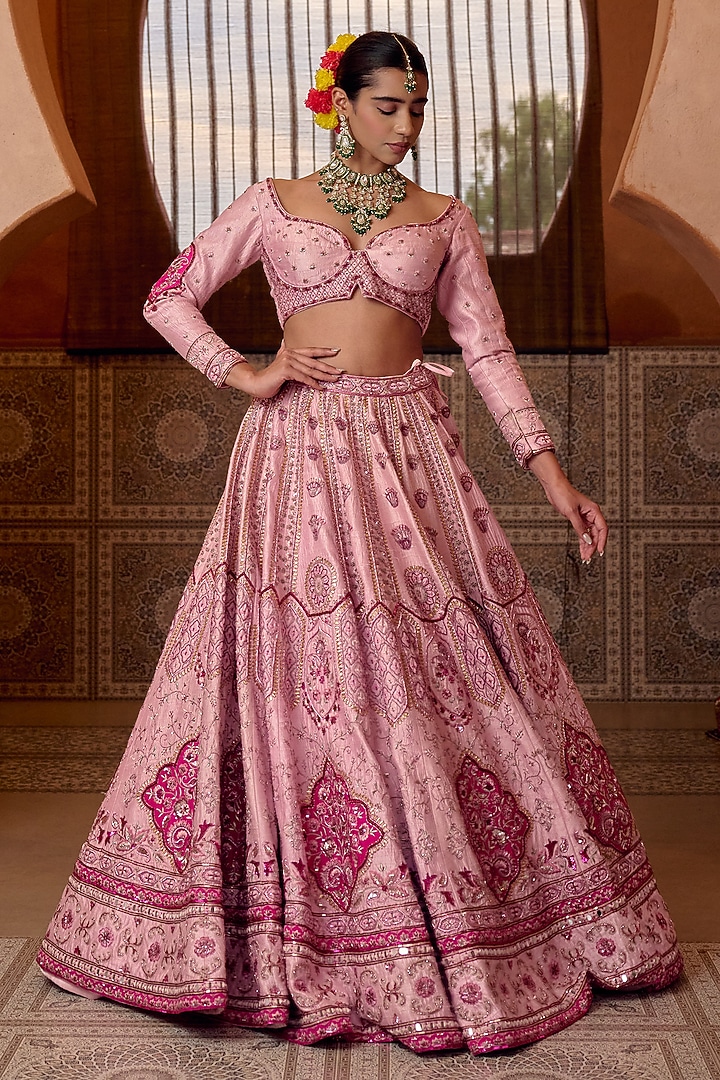 Baby Pink Raw Silk Zari Hand Embroidered Bridal Bridal Lehenga Set by Ridhi garg at Pernia's Pop Up Shop