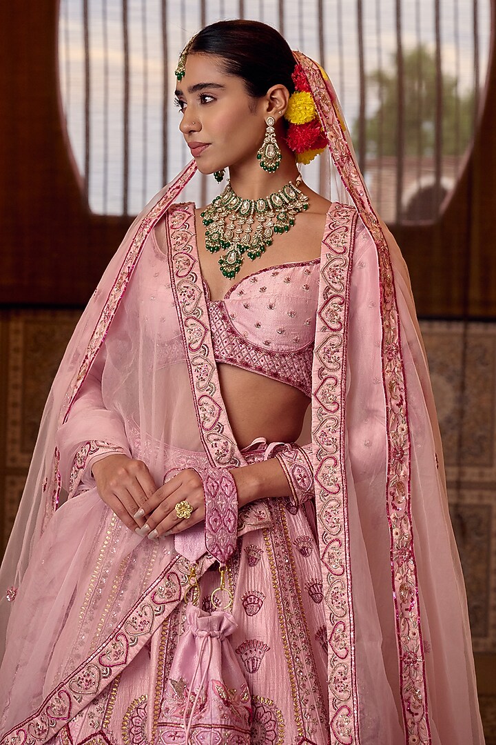 Baby Pink Raw Silk Zari Hand Embroidered Bridal Bridal Lehenga Set by Ridhi garg at Pernia's Pop Up Shop