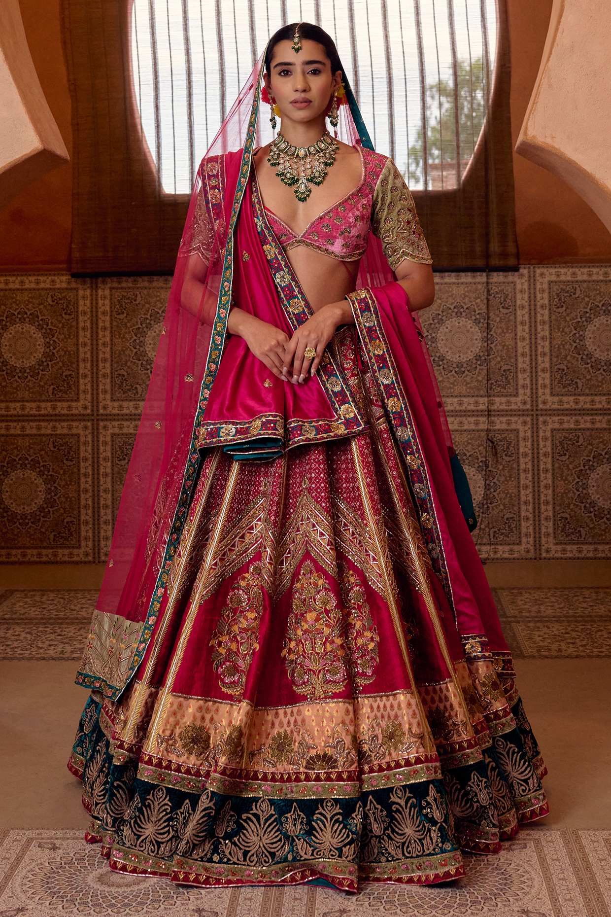 Ridhi garg Rani Pink Raw Silk Zardosi Embroidered Bridal Lehenga Set