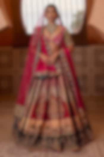 Rani Pink Raw Silk Zardosi Embroidered Bridal Bridal Lehenga Set by Ridhi garg at Pernia's Pop Up Shop