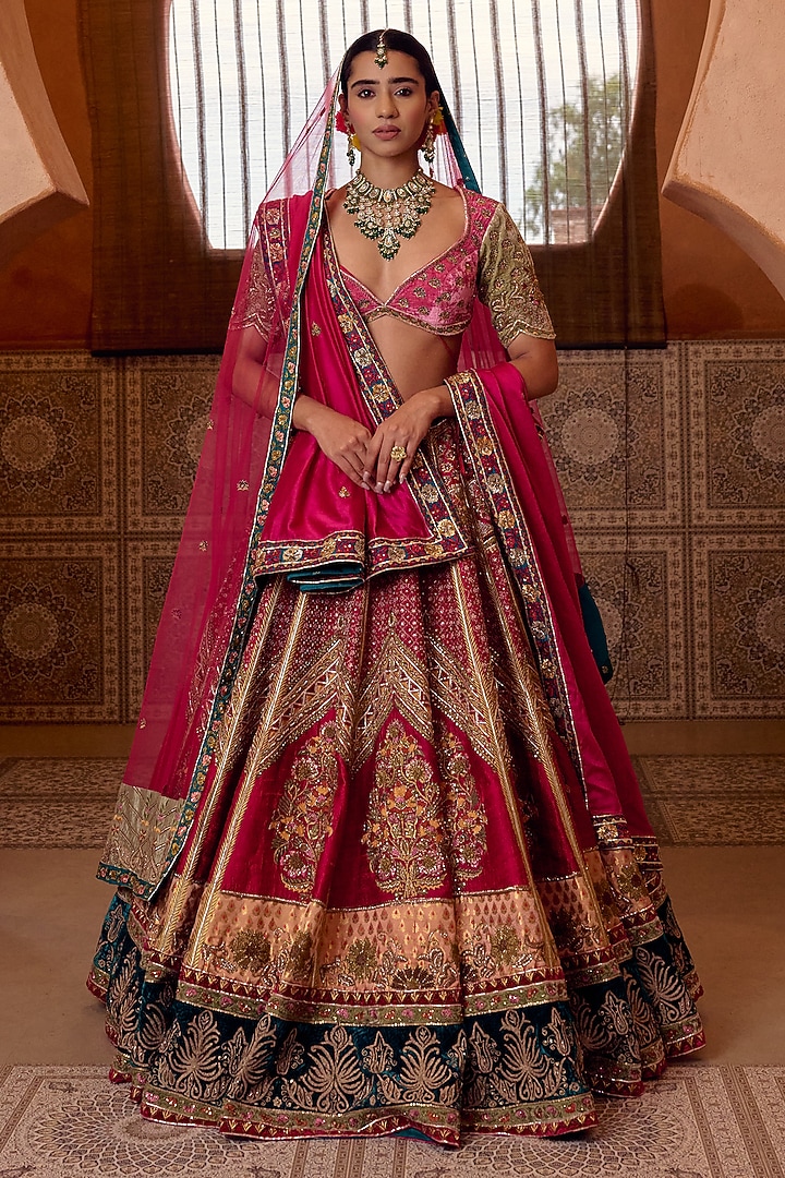 Rani Pink Raw Silk Zardosi Embroidered Bridal Bridal Lehenga Set by Ridhi garg at Pernia's Pop Up Shop