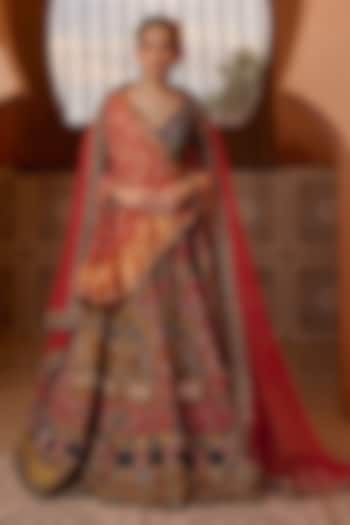 Red Raw Silk Motif Hand Embroidered Bridal Bridal Lehenga Set by Ridhi garg at Pernia's Pop Up Shop