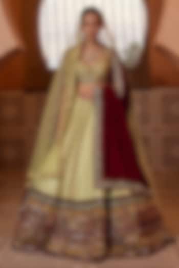 Pista Green Raw Silk Resham Hand Embroidered Bridal Bridal Lehenga Set by Ridhi garg at Pernia's Pop Up Shop