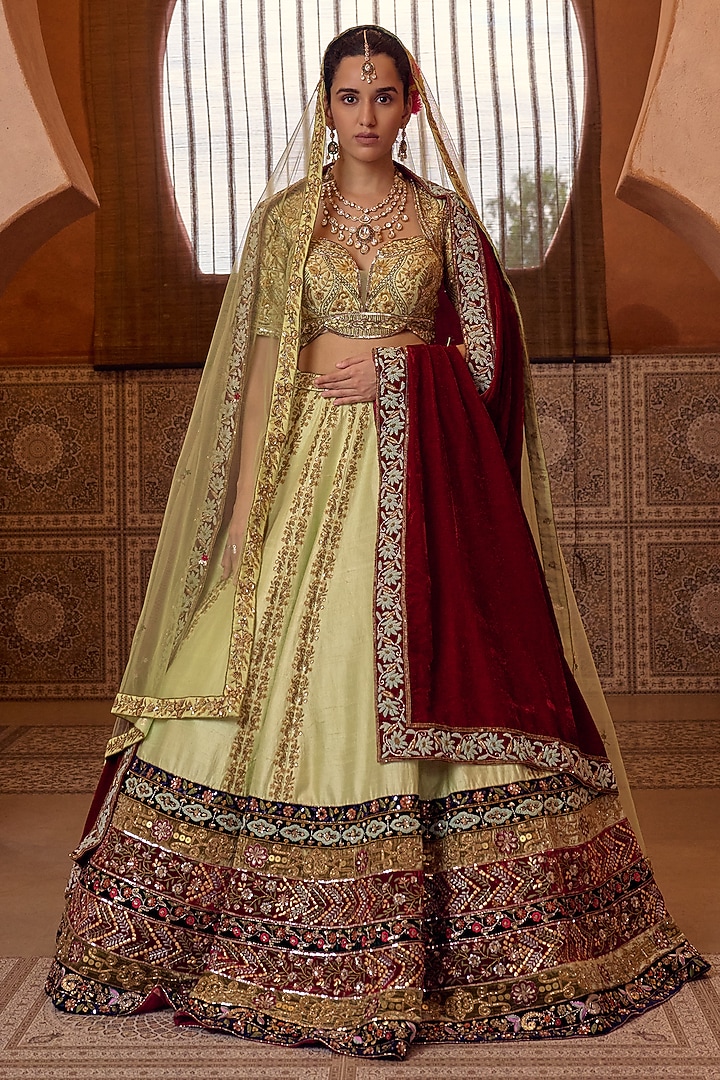Pista Green Raw Silk Resham Hand Embroidered Bridal Bridal Lehenga Set by Ridhi garg at Pernia's Pop Up Shop