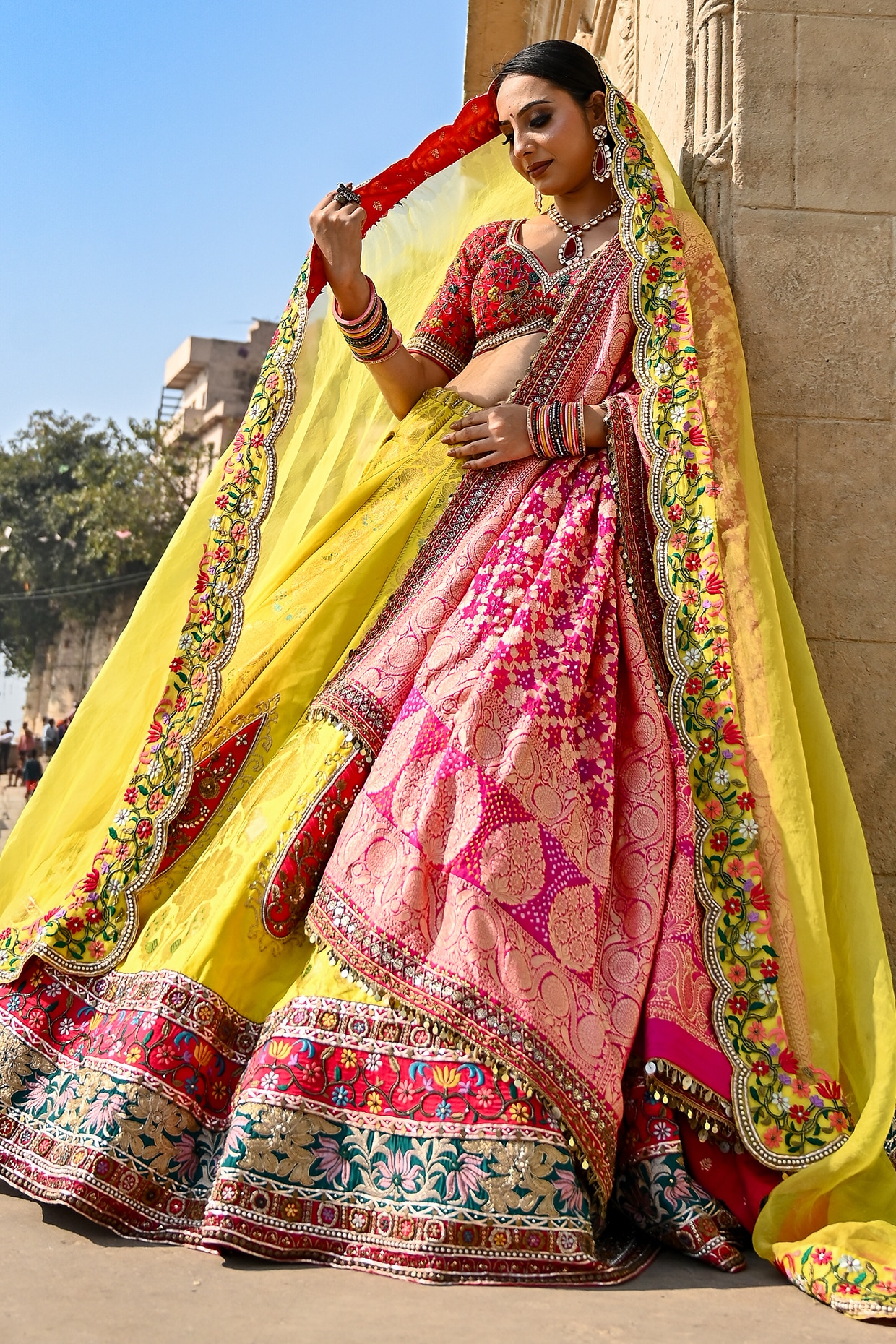 Ridhi garg Yellow Banarasi Silk Zardosi Embellished Bridal Lehenga Set
