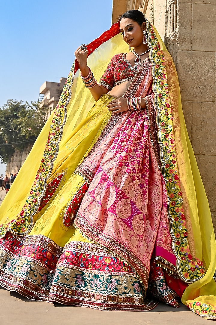 Yellow Banarasi Silk Zardosi Embellished Bridal Bridal Lehenga Set by Ridhi garg at Pernia's Pop Up Shop