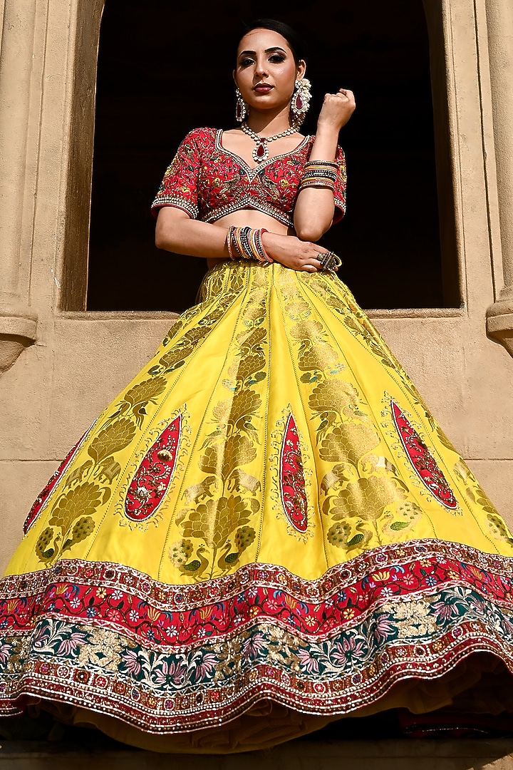 Yellow Banarasi Silk Zardosi Embellished Bridal Bridal Lehenga Set by Ridhi garg at Pernia's Pop Up Shop